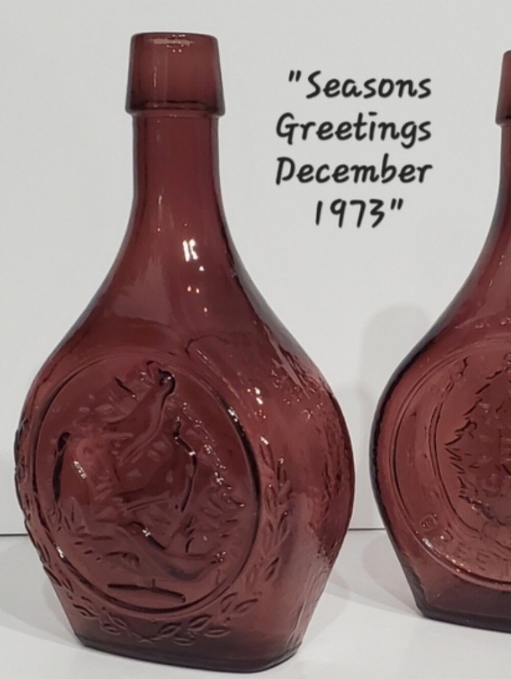 1973 December Seasons Greetings Amethyst Purple Glass Bottle Decanter